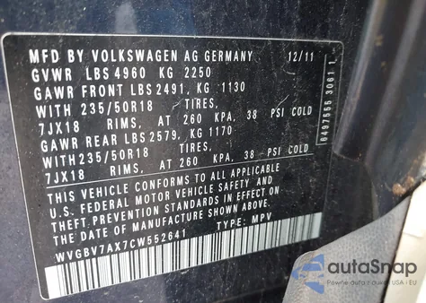 2012 Volkswagen Tiguan Se из США, поврежденный, VIN WVGBV7AX7CW552641